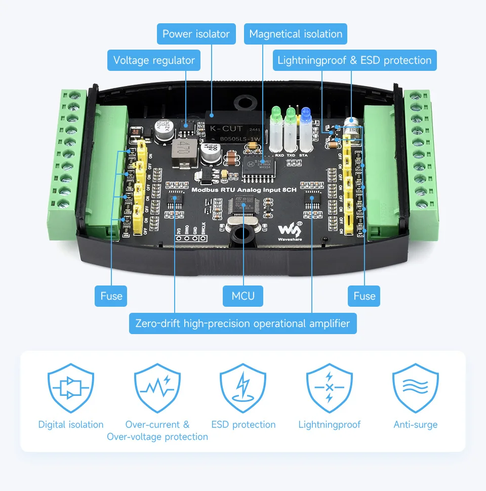 Waveshare Industrial Modbus RTU Analog Input 8CH, Modbus RTU, 12-bit High-precision, Supports Voltage And Current Acquisition