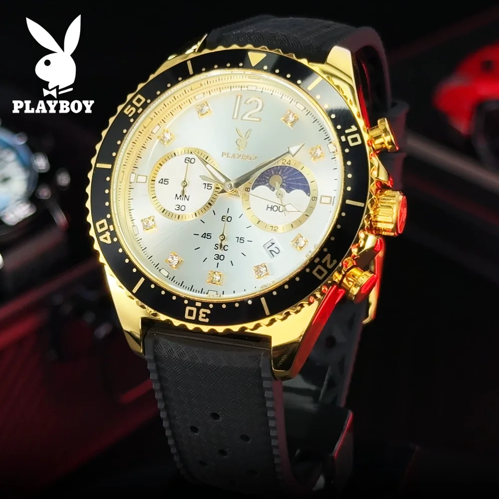 

PLAYBOY Luxury Man Watch Diving Rotation Bezel Sports Men's Watches Original Silicone Strap Moon Phase Chronograph Watch for Men
