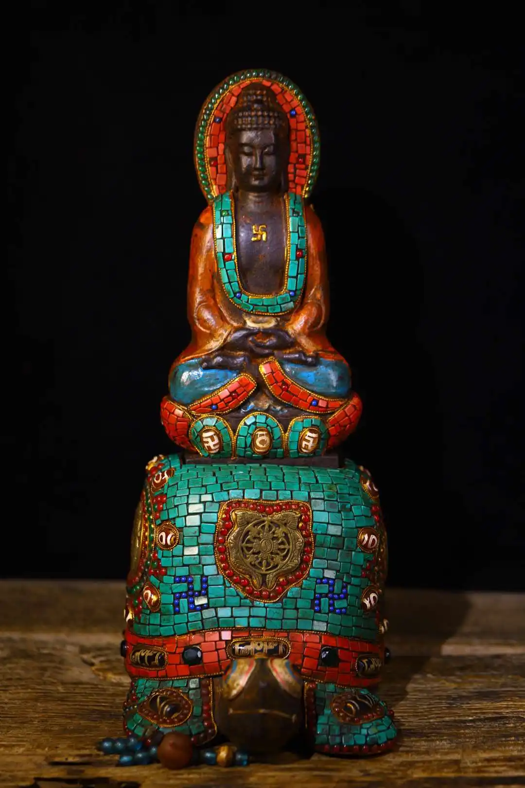 

14"Tibetan Temple Collection Old Natural Meteorite Painted Mosaic Gem gZi Beads Turquoise Shakyamuni Amitabha Buddha Turtle Base