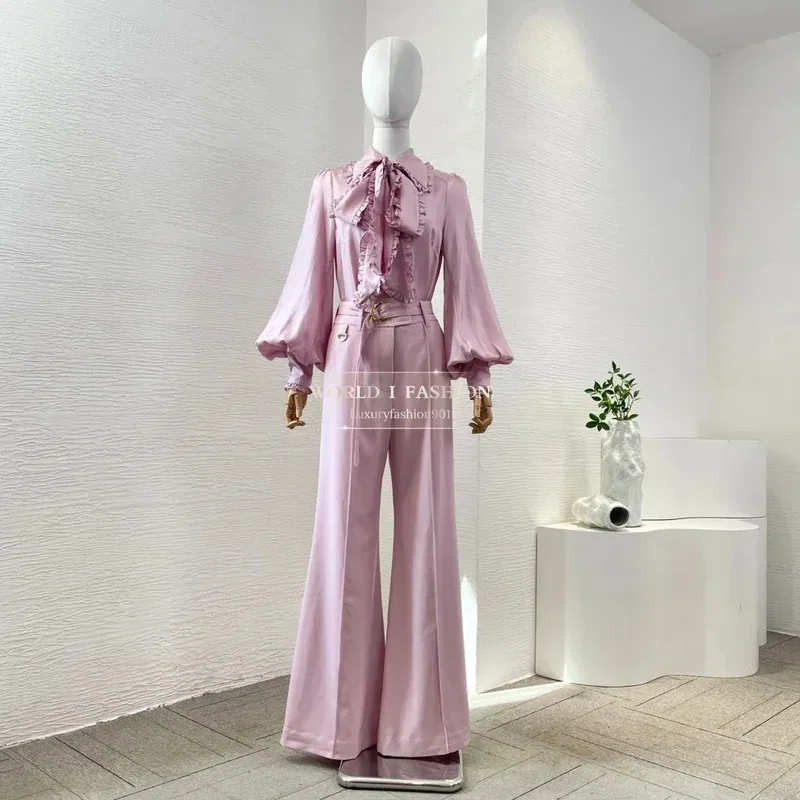 

Pink/Brown Long Sleeve Turn Down Collar Jacket Tops and Pants Set 2025 Ramie