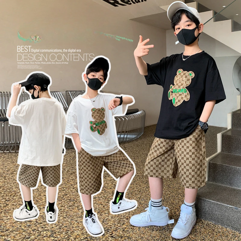 Summer Teenag Boy Clothes Set Children Girls Cartoon Bear Tshirts and Shorts 2pcs Suit Kid Embroidery Top Bottom Tracksuits