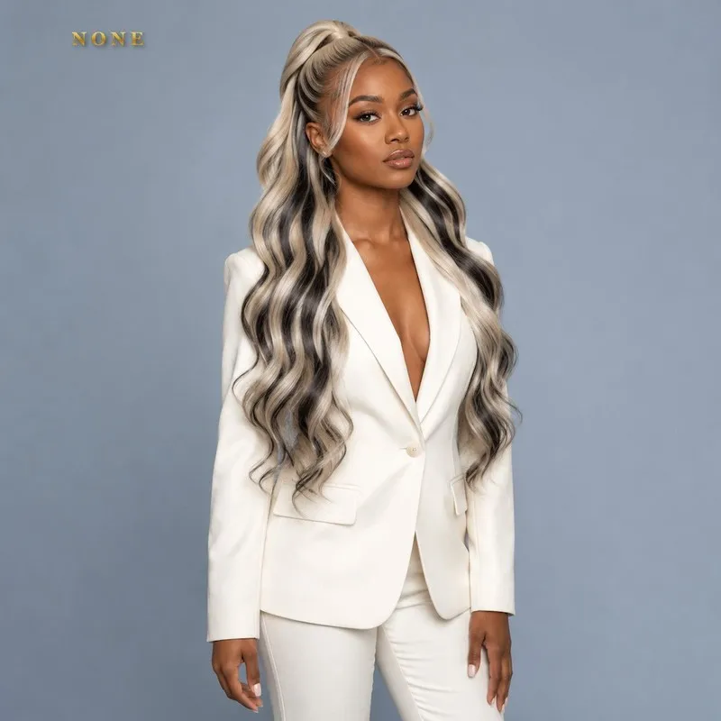 Platinum Black Streak Ombre Human Hair Wigs Wavy Mid Length Natural Bouncy Shiny Heat Resistant Cosplay For Women Middle Part