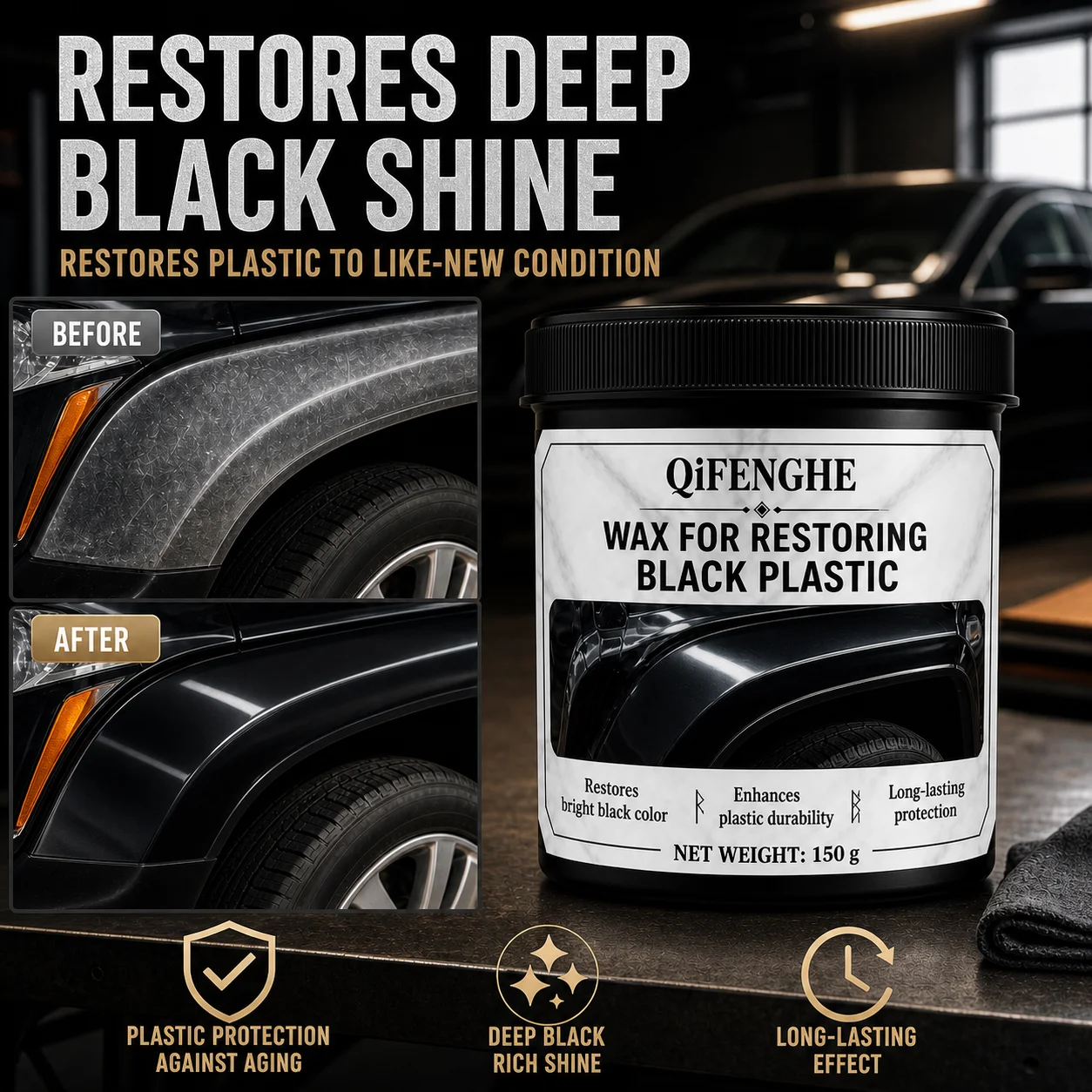QIFENGHE 150g Car Plastic Restorer Wax Black Plastic Renovator Wax, Restore Faded Plastic Surface, Long Lasting Protection with