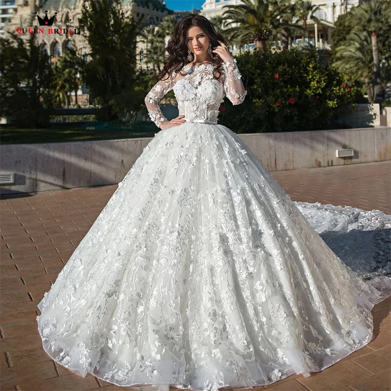 

Luxury Ball Gown Puffy Weddding Dresse Long Sleeve Tulle Lace 3D Flowers Appliques Beading 2023 Formal Bridal Gowns SD58