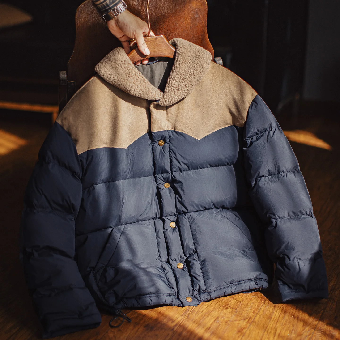 Maden الرجال خمر 90% الأبيض بطة أسفل سترة التباين الصوف طوق البخاخ الجلد المدبوغ لوحات معطف دافئ لخريف شتاء الشارع الشهير #5