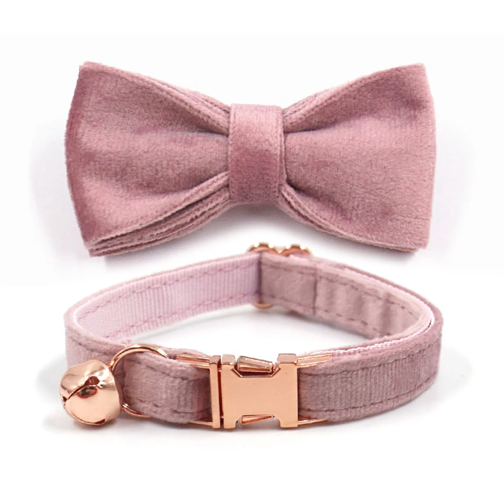 Collier de luxe en velours rose gravé avec nom personnalisé pour animaux de compagnie, nœud papillon durable, chats et petits chiens, Chihuahua