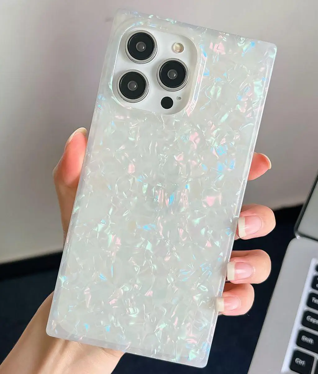 حافظة لؤلؤة الأم لهاتف آيفون 11 12 13 14 15 16 Pro Max Plus حافظة بحافة مستطيلة، غطاء سيليكون ناعم لؤلؤ أذن البحر ملون نحيف