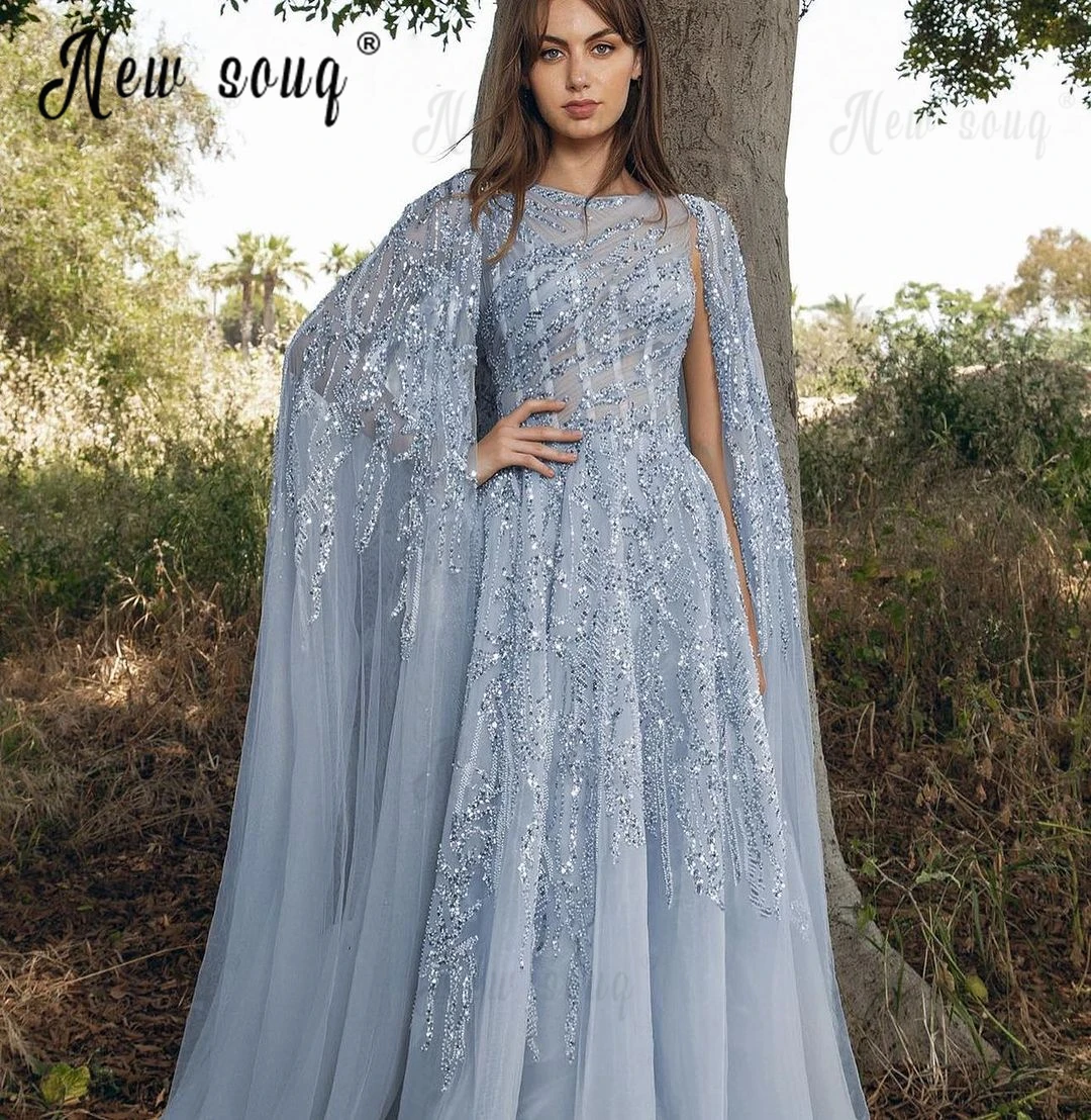 Arabic A line Pleat Evening Dress Long Cape Sleeve Tulle Long Prom Gowns Muslim Plus Size Wedding Party Gowns Host Dress 2024