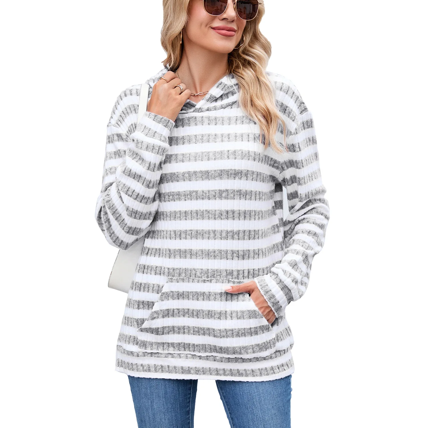 Abbigliamento Donna Hooded Striped Pullover Long Sleeve Pocket Office Commuting Versatile Pullover Sweatshirt Tops Woman's 2025