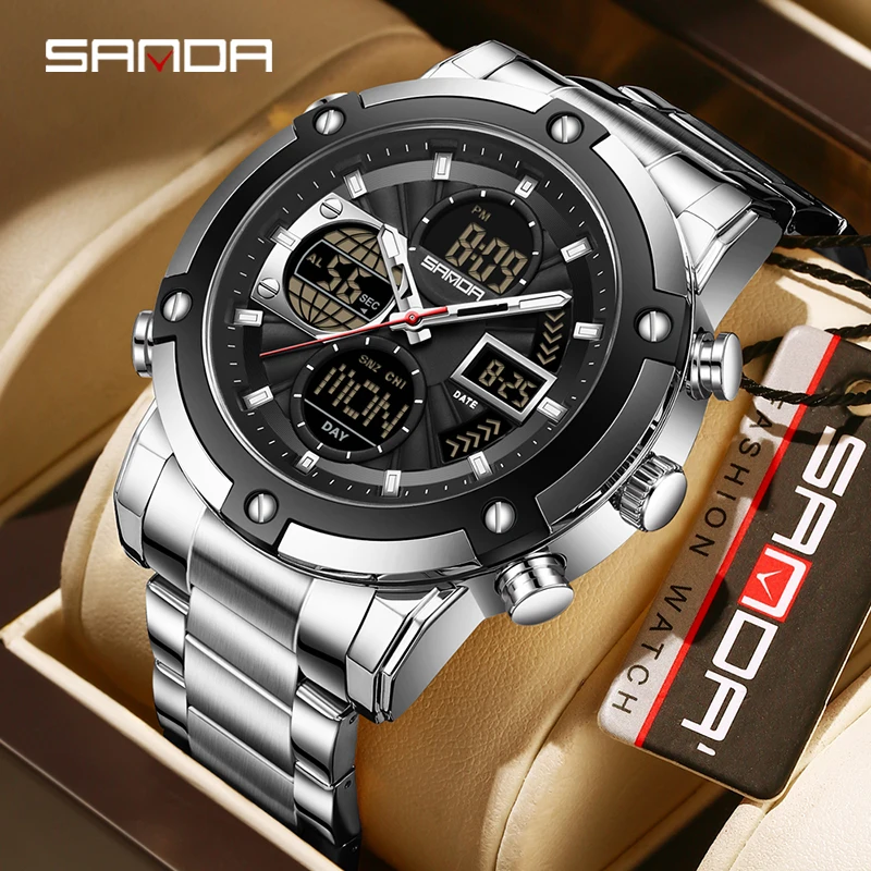 

SANDA 6333 Brand Electronic Watches for Man Calendar Chronograph Luminous Sports Fashion Dual Display Men's Digital Wristwatch