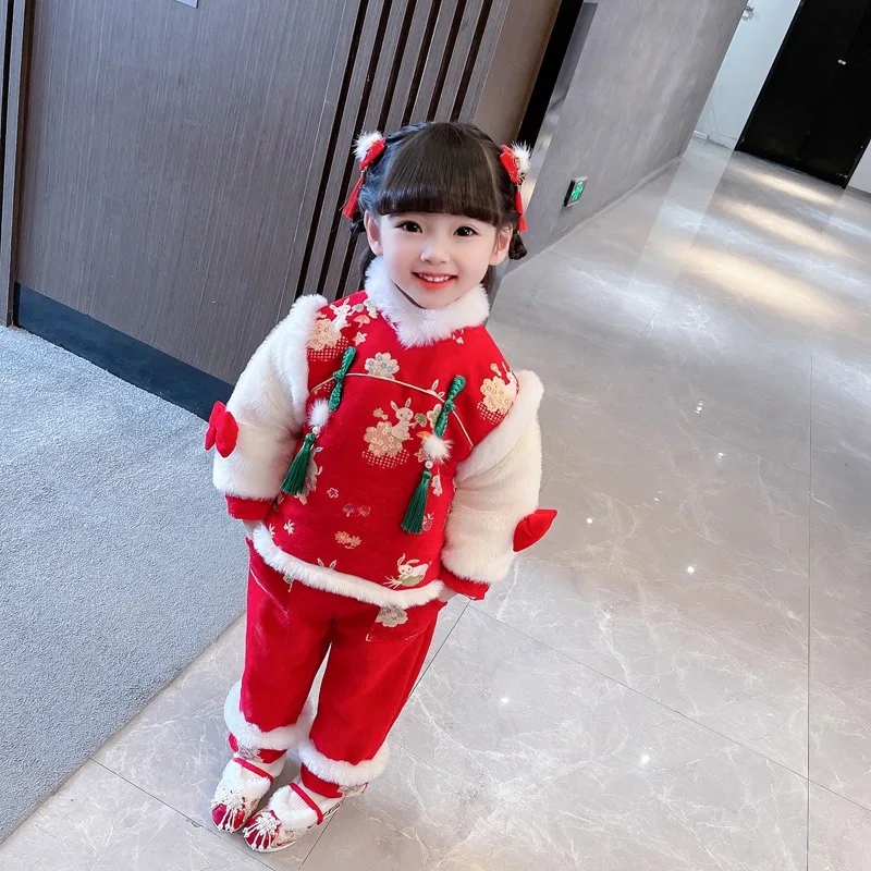 Girl's First Year Dress Autumn And Winter Velvet New Year Red Festive New Year Clothes Tang Style Chinese Style Two Piece Suit