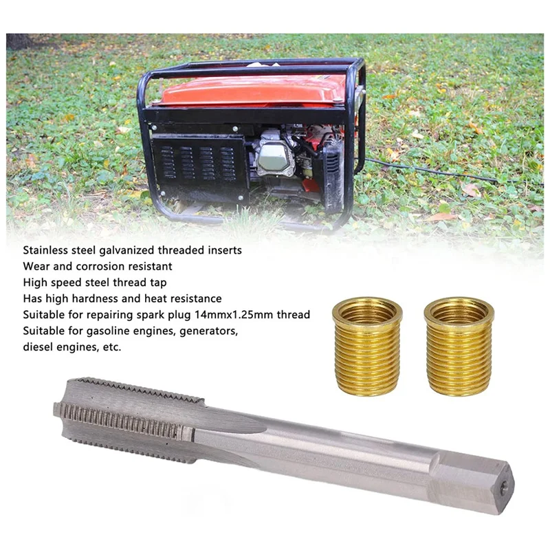 AT14 Spark Plug Thread Repair Tools, M12x1.25 Thread Inserts + M14x1.25 Tap Metal Spark Plug Thread Hole Repair Tools