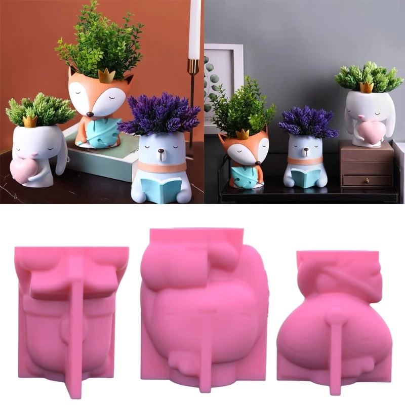 Bear Rabbit Gypsum Flower Pot Silicone Mold Epoxy Resin Casting Mold Succulent Vase Cement Clay Mold Pen Holder Mold R3MC