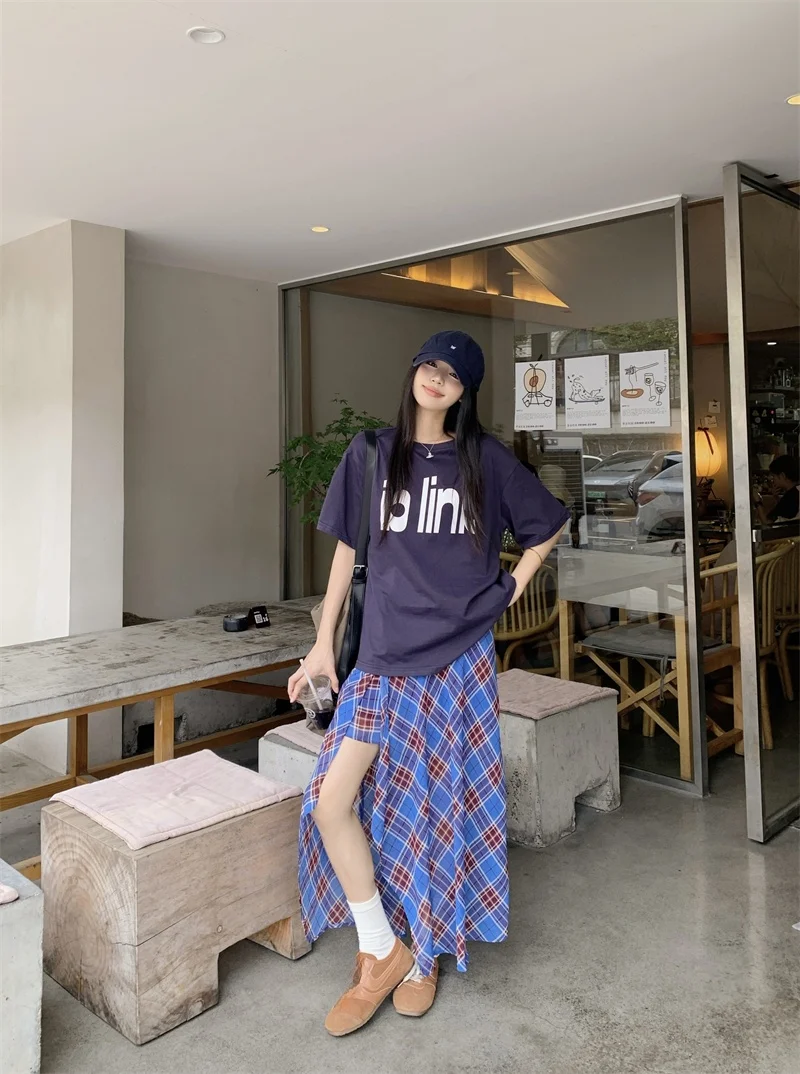 

Laid-back Style Letter Print Short Sleeve T-shirt Women's Summer Plaid Skirt Set Two-piece Set round Neckline Regular Sleeve