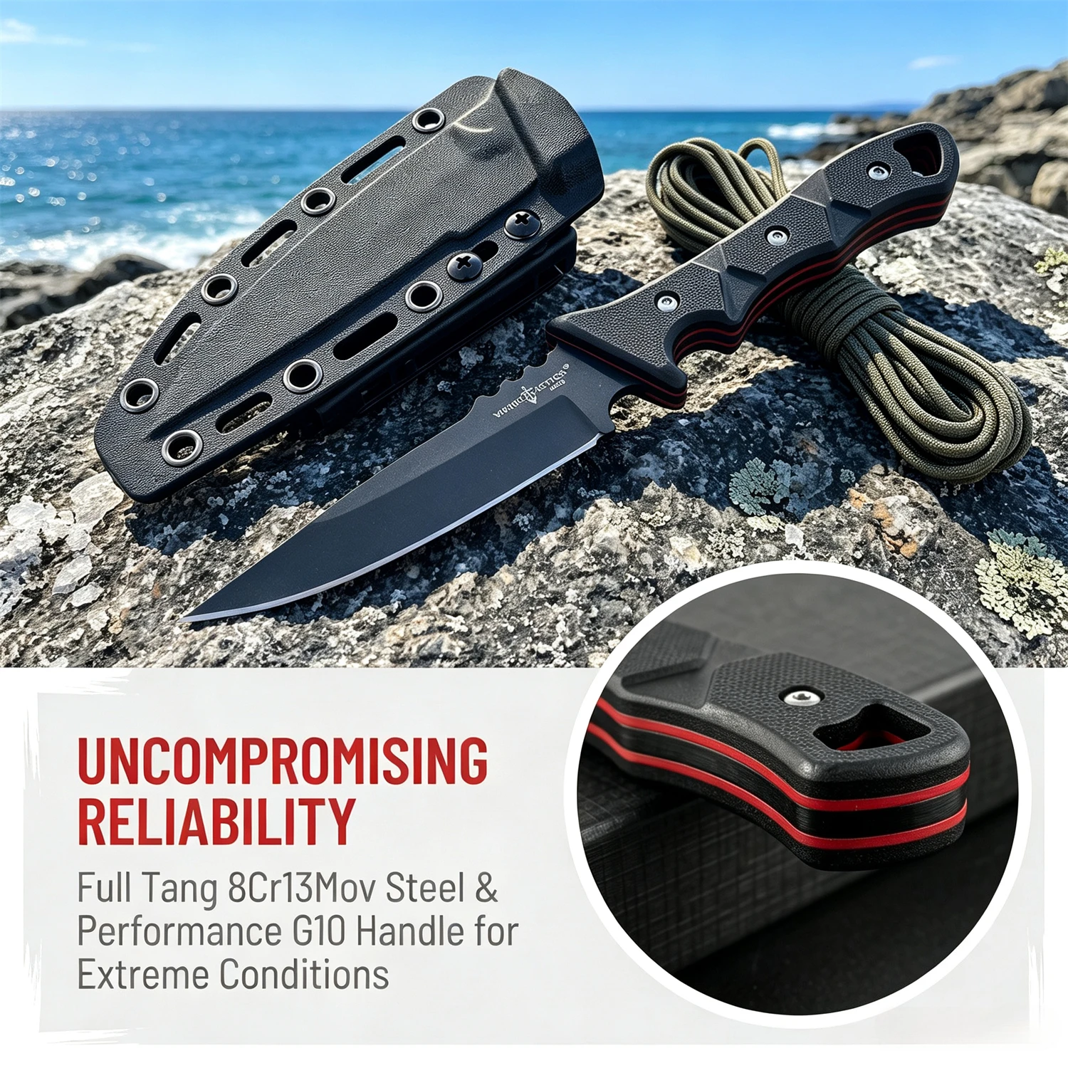 Heavy-Duty Field Fixed Blade Knife, Durable 8Cr13Mov Steel, Non-Slip G10 Grip with Sheath, for Camping, Hiking & Emergency Use