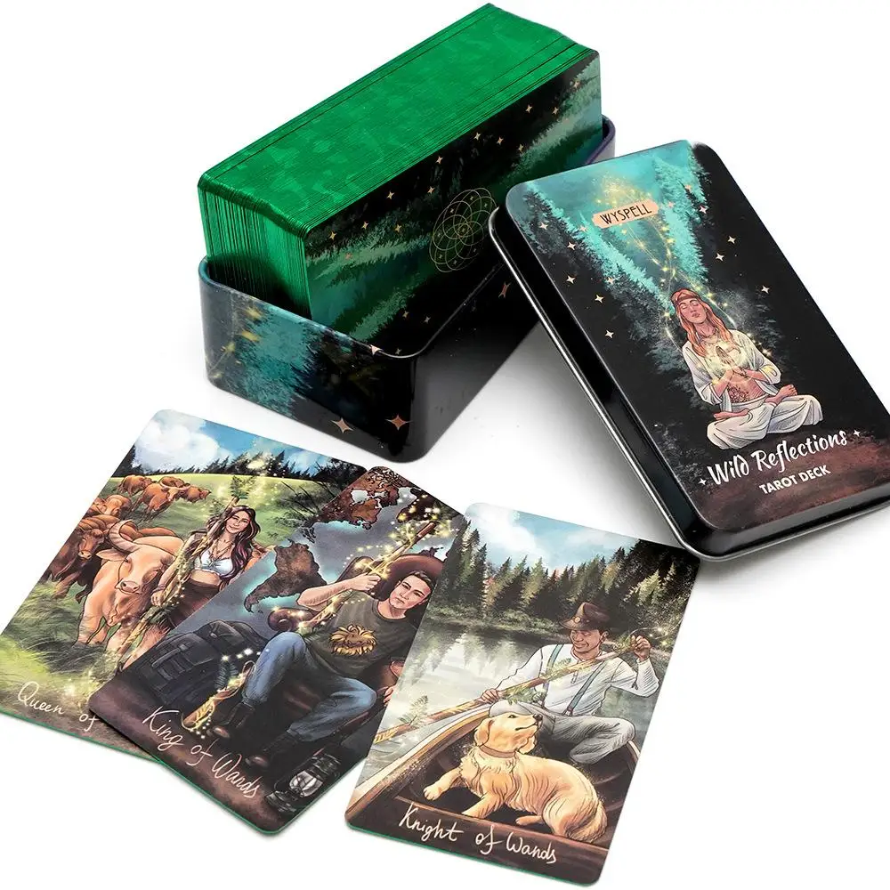 Wild Reflections Tarot Deck 10.3*6cm 78 Pcs Nature-Inspired Tarot Cards for Beginners with Green Gilded Edges In A Tin Box