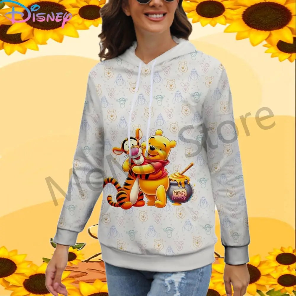 Kawaii Women\'s Hoodies Disney Winnie The Pooh 3D Print Long Sleeve Top New 2024 Black Hoodie Youthful Woman Clothes Joker Y2k