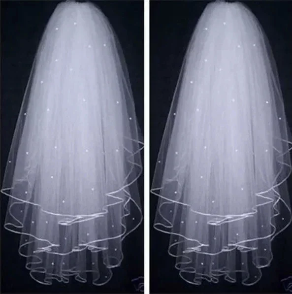 

Velos de Noiva Three Layers Ribbon Edge Wedding Veil With Pearls White Ivory Short 3 Layers Bridal Veil