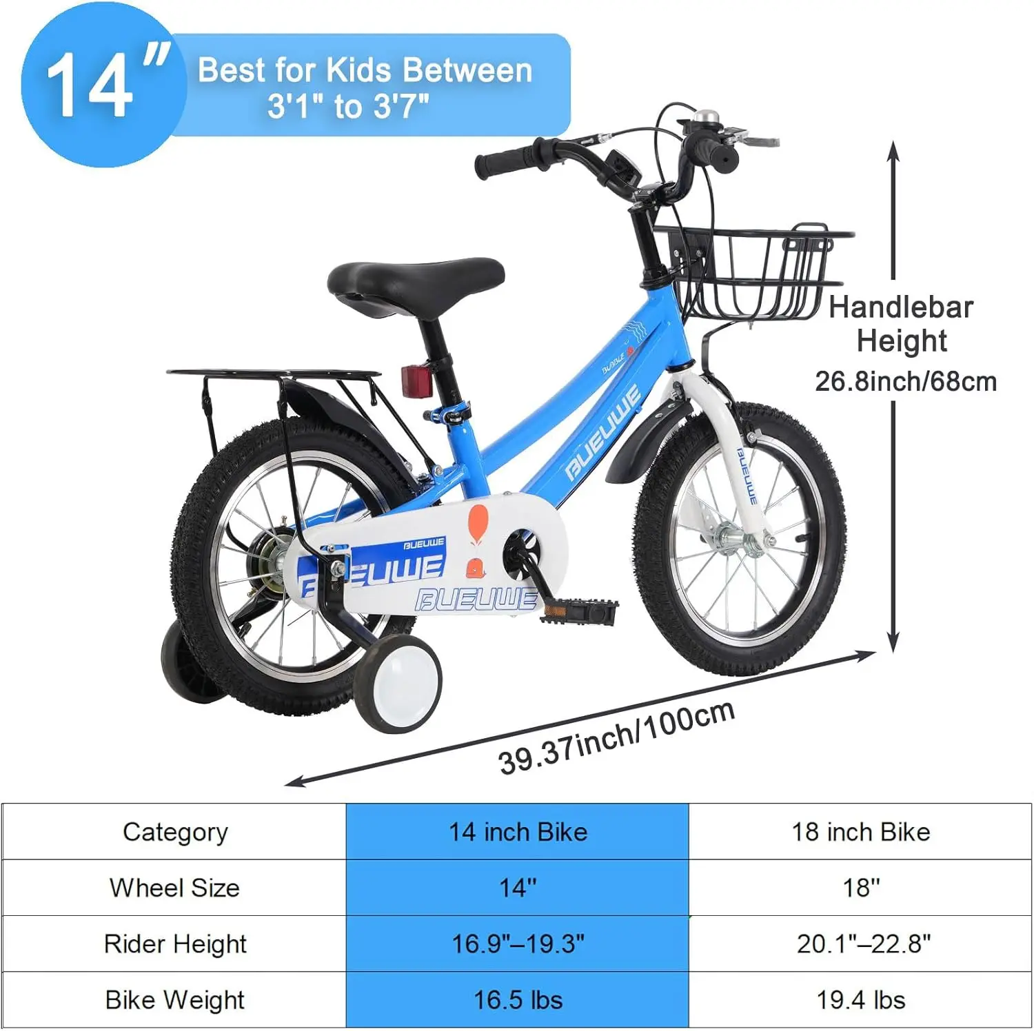 Rower dziecięcy 14/18 cali z hamulcami przednimi i tylnymi, kołami pomocniczymi, koszykiem, regulowany rower dla chłopców i dziewcząt w wieku 3–9 lat, pedały zabezpieczające.