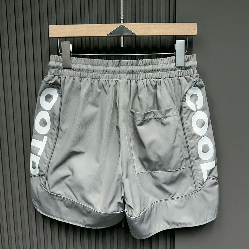 Silver Gray Polyester Reflective Webbing Strip V-shape Shorts Men Women Side Cool Letter Print Drawstring Casual Shortpants