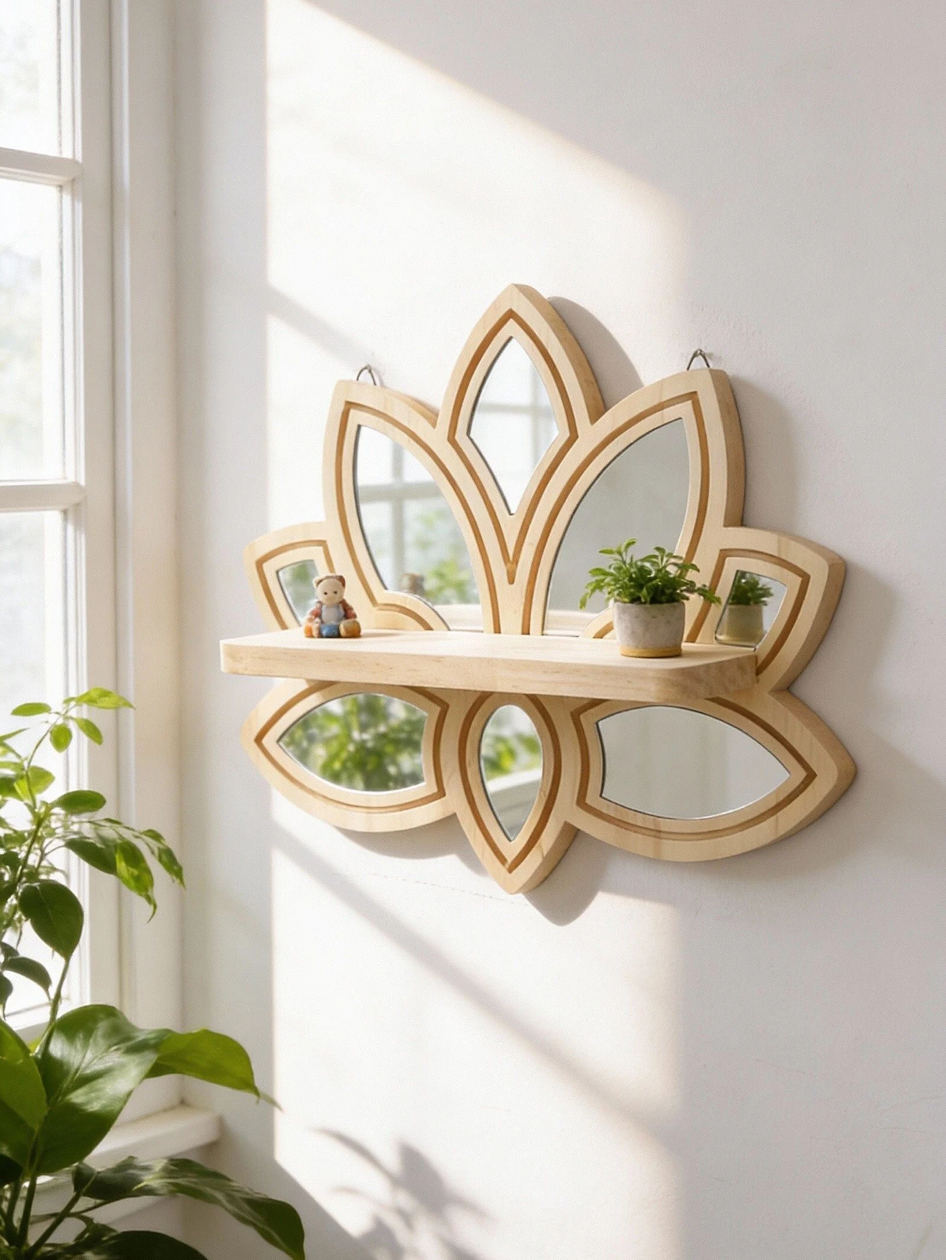 Lotus Shaped Wooden Wall Shelf with Acrylic Mirror Boho Floral Floating Shelves Rustic Wall Mounted Storage for Home Decor Gift