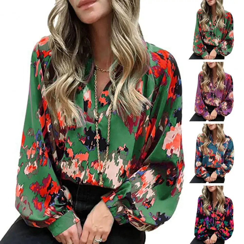 Women Casual Pullover Shirt V-neck Lantern Long Sleeve Loose Fit Bohemia Abstract Print Boho Blouse Bohemian Hawaii Streetwear