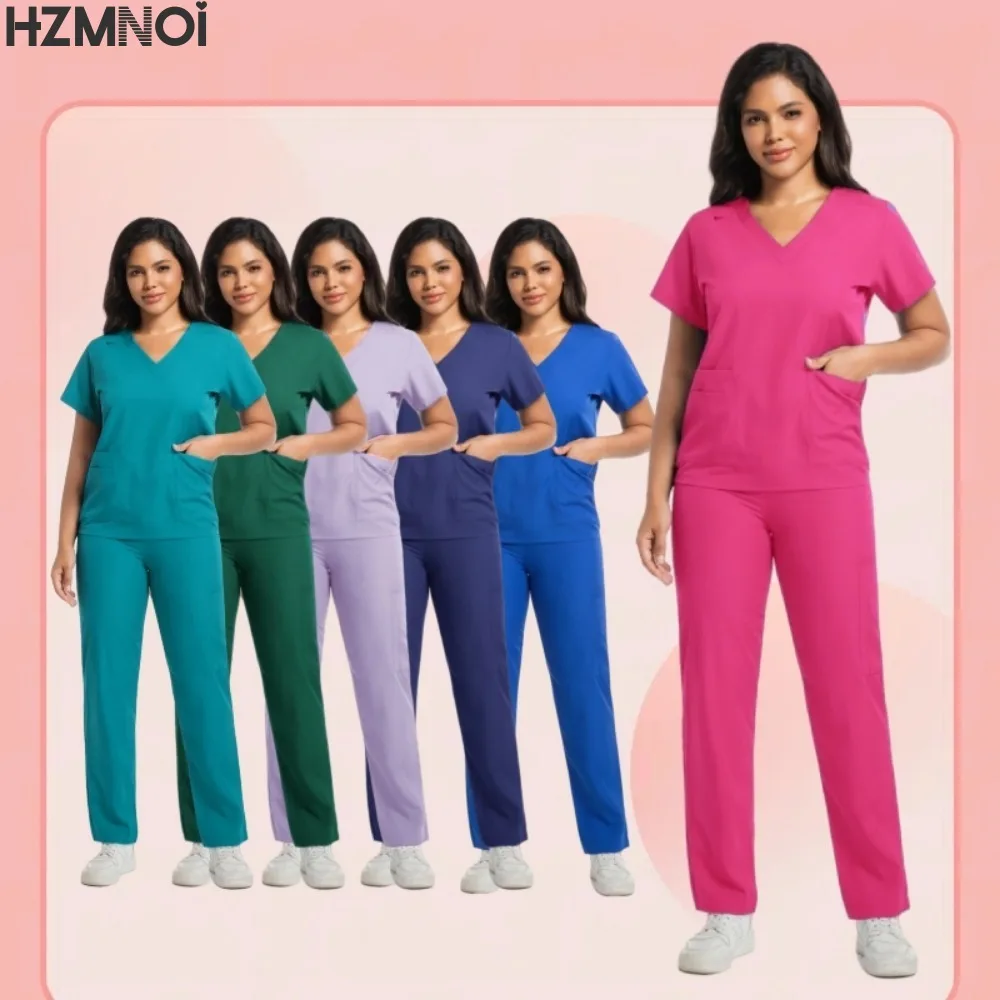 

Scrubs Set for Women Nursing Uniforms Two Piece Shorts Sleeve Pocket Tops Loose Pants Beauty Salon Workwear Overalls Plus Size