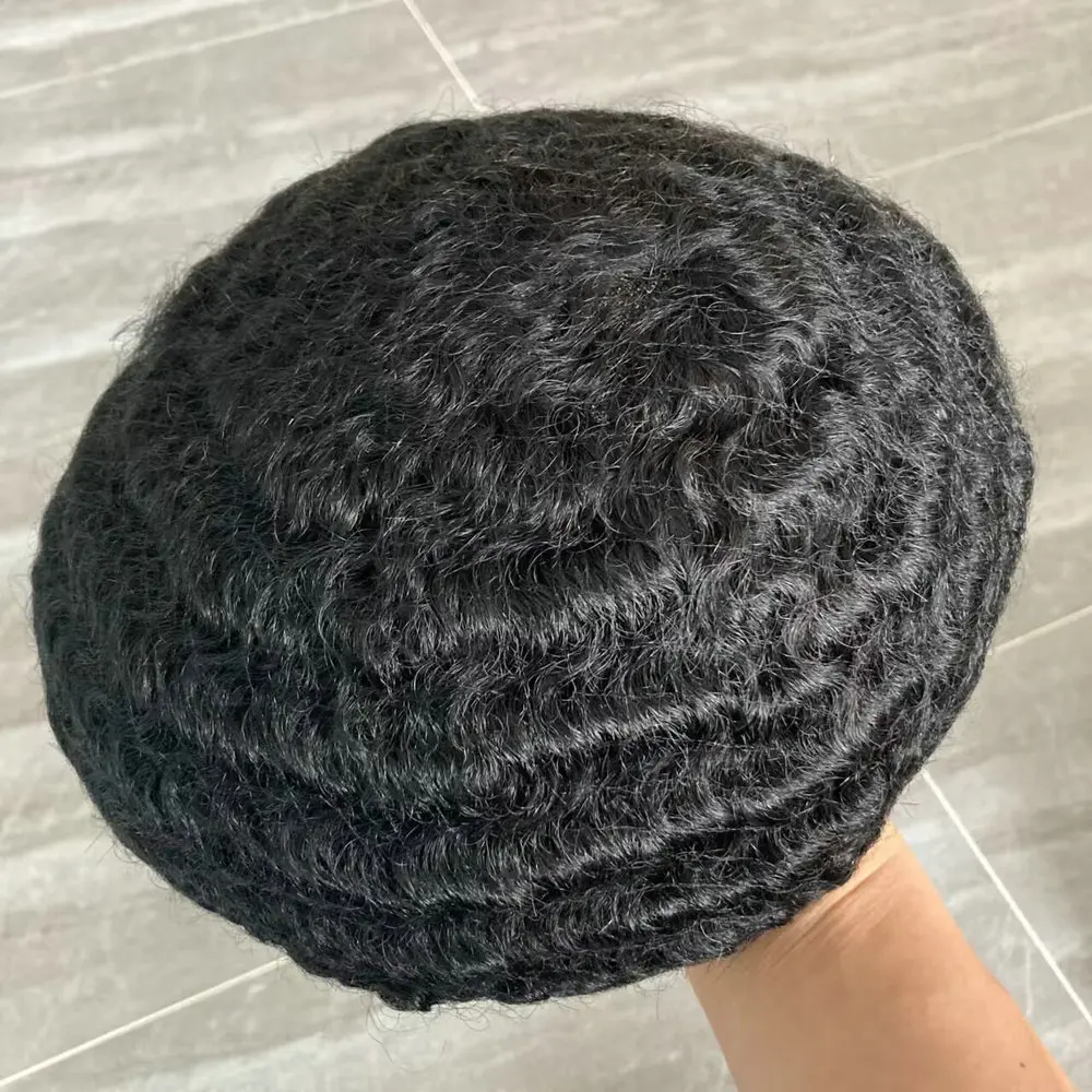 10mm Afro 360 Wave Braun-Schwarz Herren Lockige Frisuren Langlebiges Vollhaut-Toupet 1b80 Grau Echthaar-System Haarersatz – Detail 5