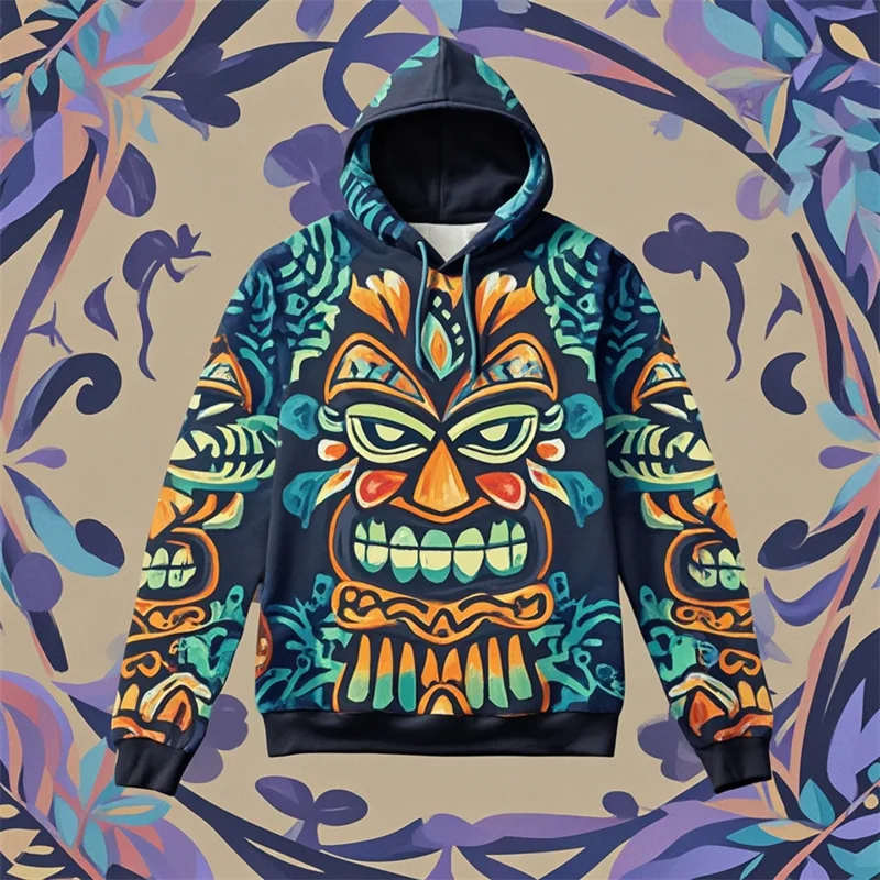 Fashion Tiki Mask Pattern Hoodies Men Casual Trend Long Sleeve Hawaiian 3D Printed Pullover Party Oversized Harajuku Sweatshirt