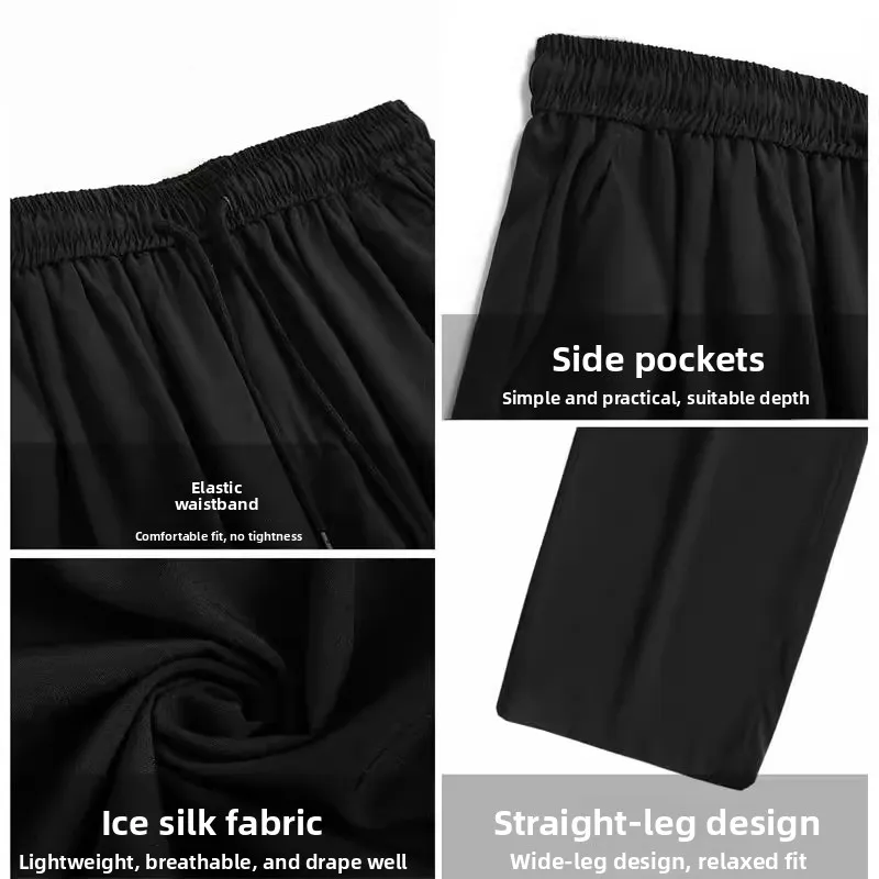 

New 2025 Men's Ice Silk Wide Leg Straight Cut Sports Pants Thin Cool Loose Casual Trousers Summer Faion Casual Pants