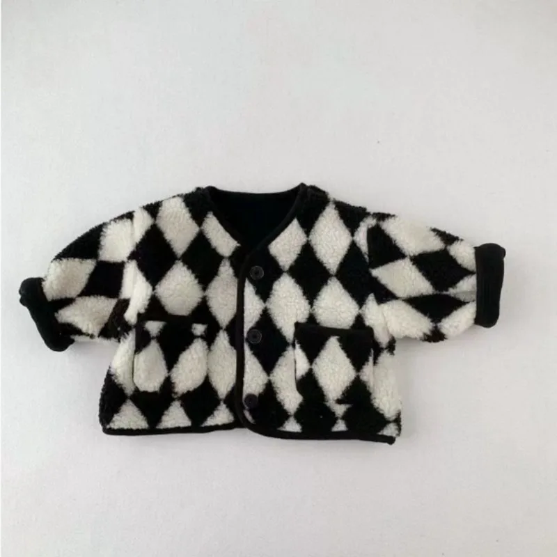 New Autumn Winter Coat Hairy Baby Thick Lamb Wool Checkered Cotton Jacket for Boys Girls Going Out Clothes