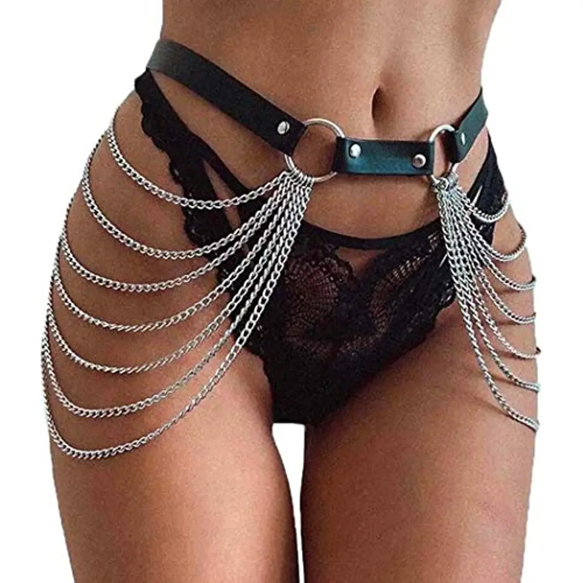 

Punk Black Waist Chain Belt Leather Layered Belly Body Chains Rave Body Jewelry Accessories for Women and Girls