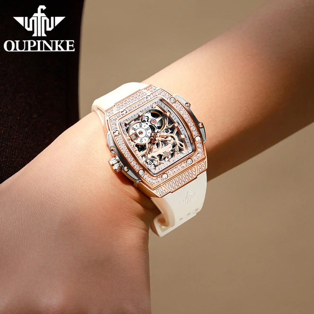 OUPINKE Women\'s Watches Luxury Fashion Tonneau Dial Wristwatch Original Skeleton Automatic Mechanical Movement Sapphire Mirror