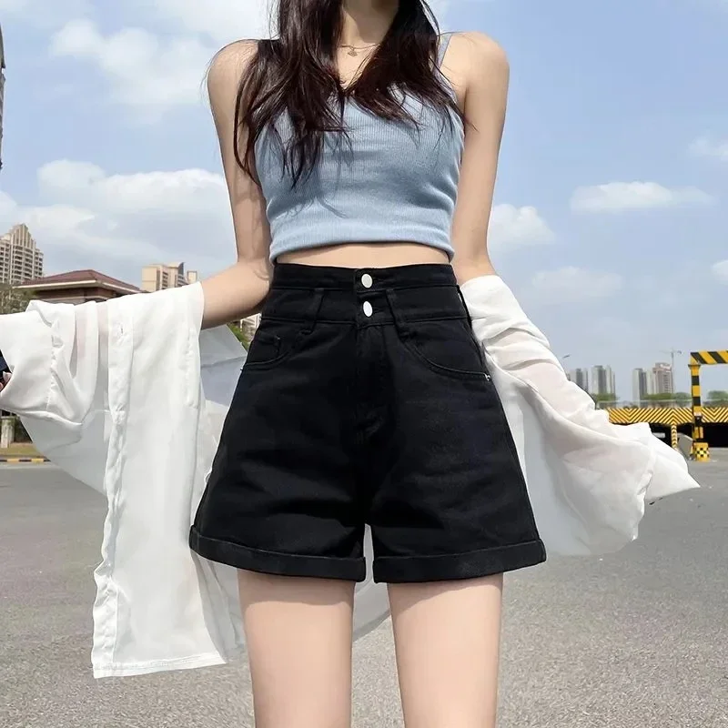 2026 Double-Buckled Straight-Leg Short Jeans Women's Spring/Summer Loose Cuffed Wide-Leg Denim Shorts Trendy Mini Skirt Cuteore