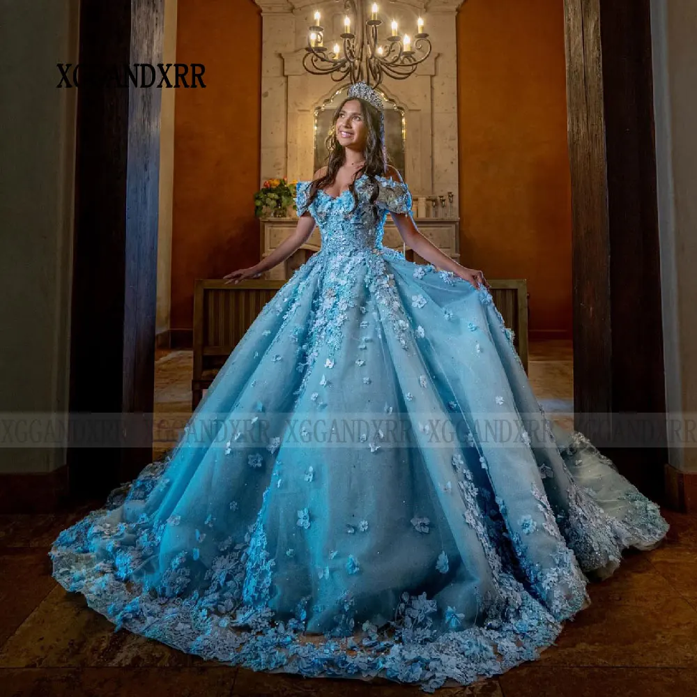 Robe de Rhprincesse bleue, robes Quinceanrea, appliques en dentelle, fleur XV, Cendrillon Sweet 16, 15, 2024