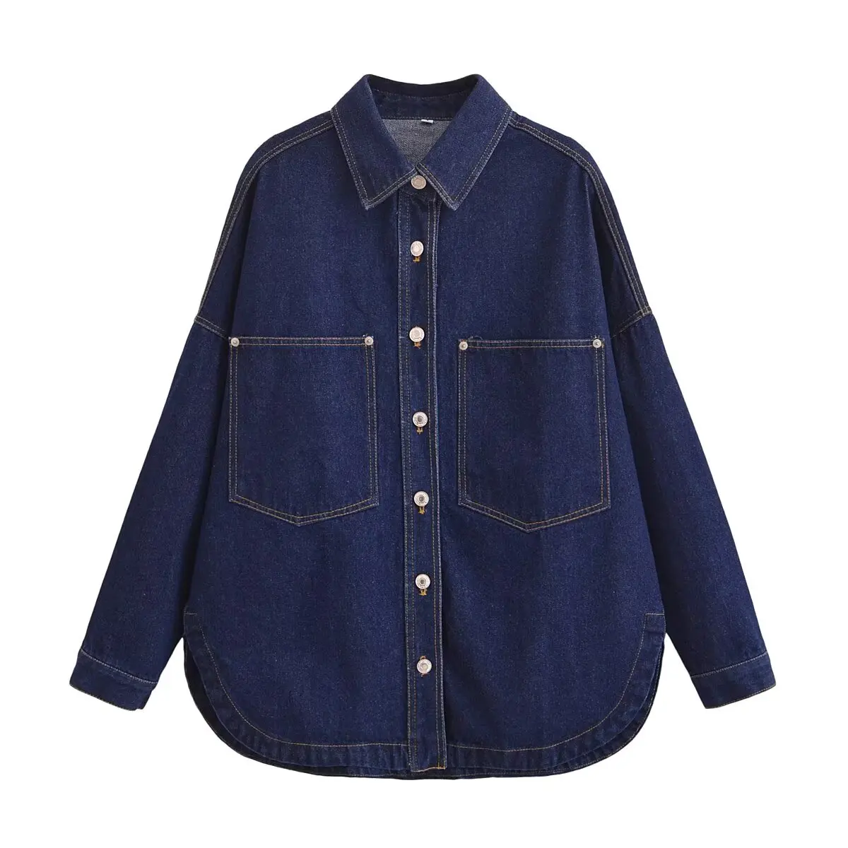 

Women's new fashion big pocket decoration loose Lapel denim shirt Coat retro long sleeved Button-up women's Coat chic top