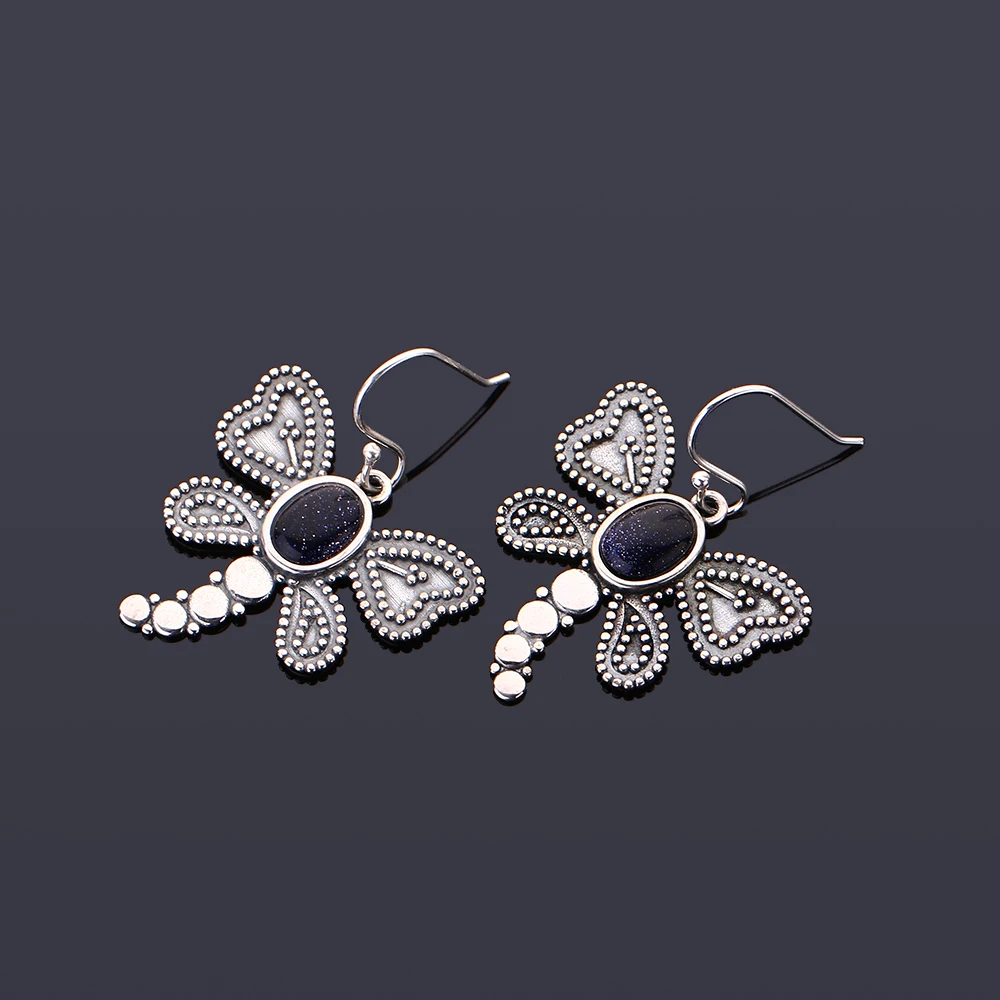 Vintage 6*8mm 925 Silver Earrings for Women Natural Moonstone Blue Sandstone Amethyst Butterfly Earrings Party Festival Gift