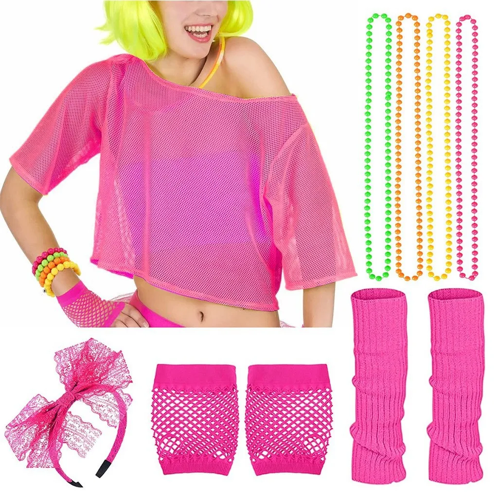 80s Hippie Fancy Dress Halloween Party Prom Clothes Set Women's Mesh T-Shirt Nightclub Bar Necklace Hair Bands Jewelry Cosplay