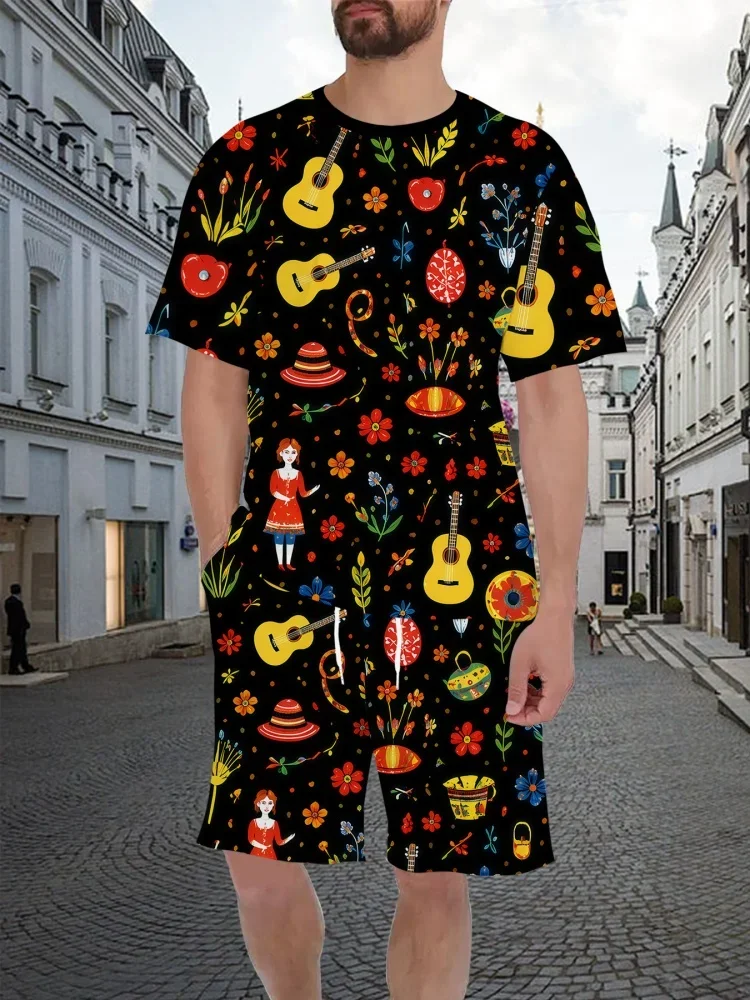 Ensemble Hawaïen Homme Imprimé Graffiti 3D Amusant – T-shirts Col Rond et Shorts Décontractés Respirants pour l'Été