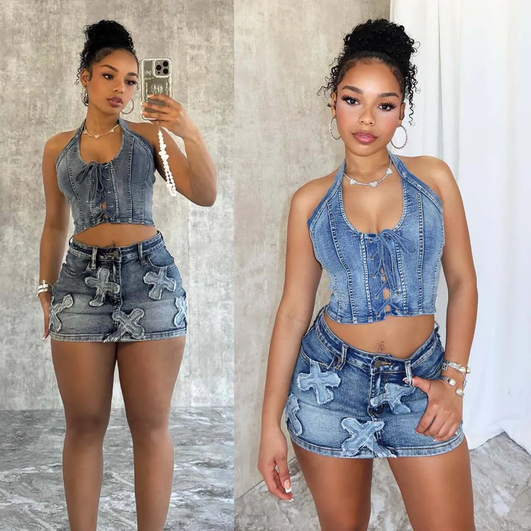 Denim Crop Tops Dress 2 Piece Mini Skirt Sets Women Sexy Cargo Dress Y2K Denim Jean Two Piece Sets Summer Outfits Clothes