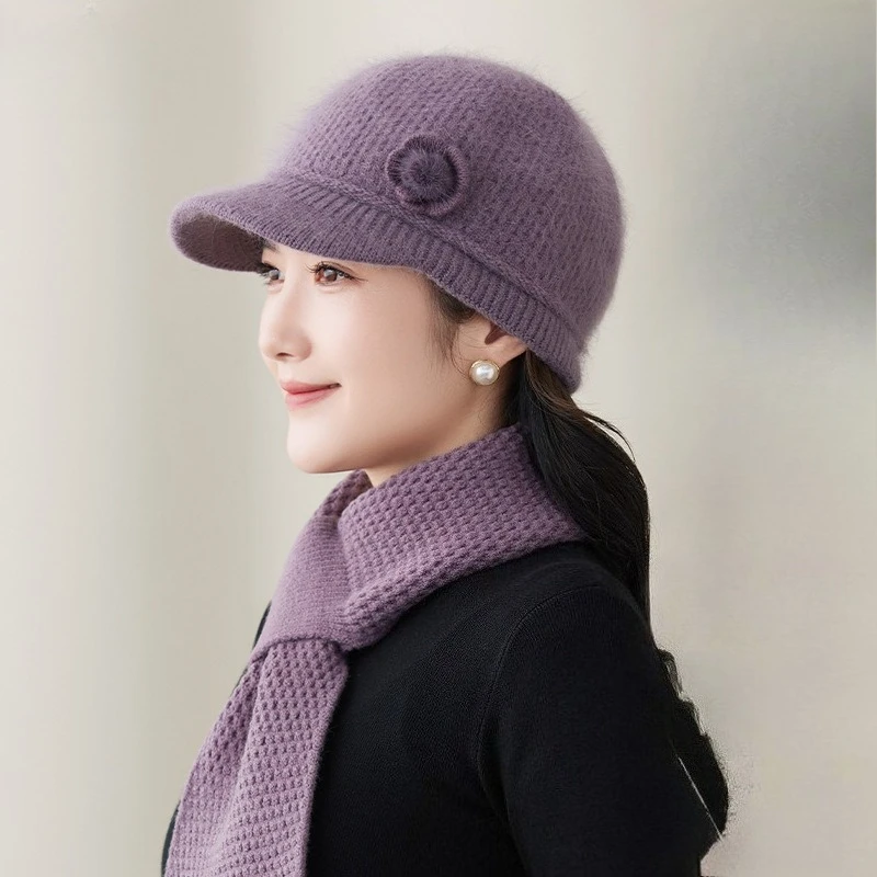 Rabbit Fur Knitted Wool Hat Female Middle-aged and Elderly Mother Hat Warm Ear Protector Fleece Cap Versatile Windproof Hat