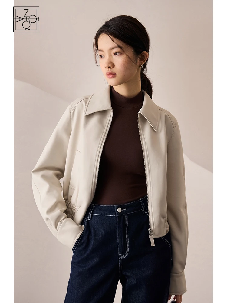 ZIQIAO Turn-down Collar Women White Short Jackets Zipper Placket Autumn New Female Casual Coats Simple Straight Coat