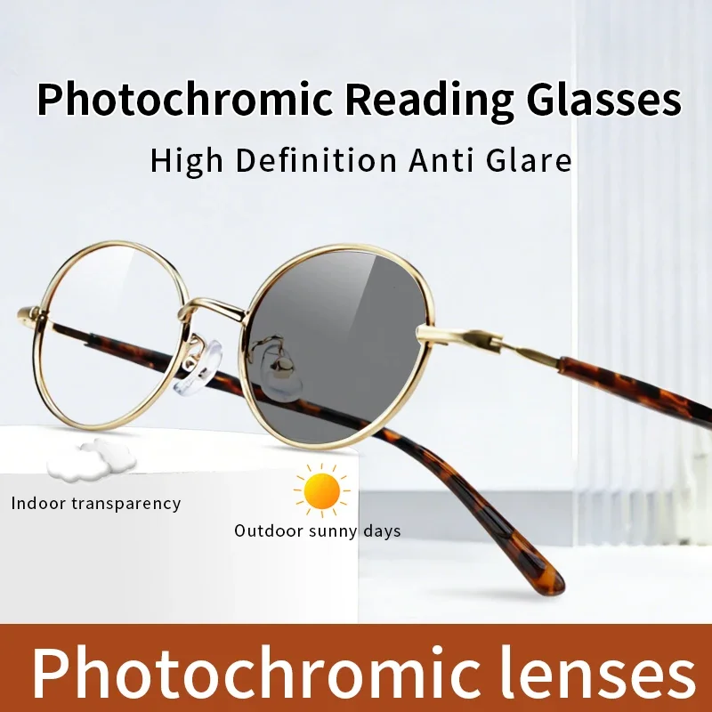 Photochromic Fashion Reading Glasses Metal Frame  Readers for Men and Women Round Retro Eyeglasses, Magnifying Sunglasses