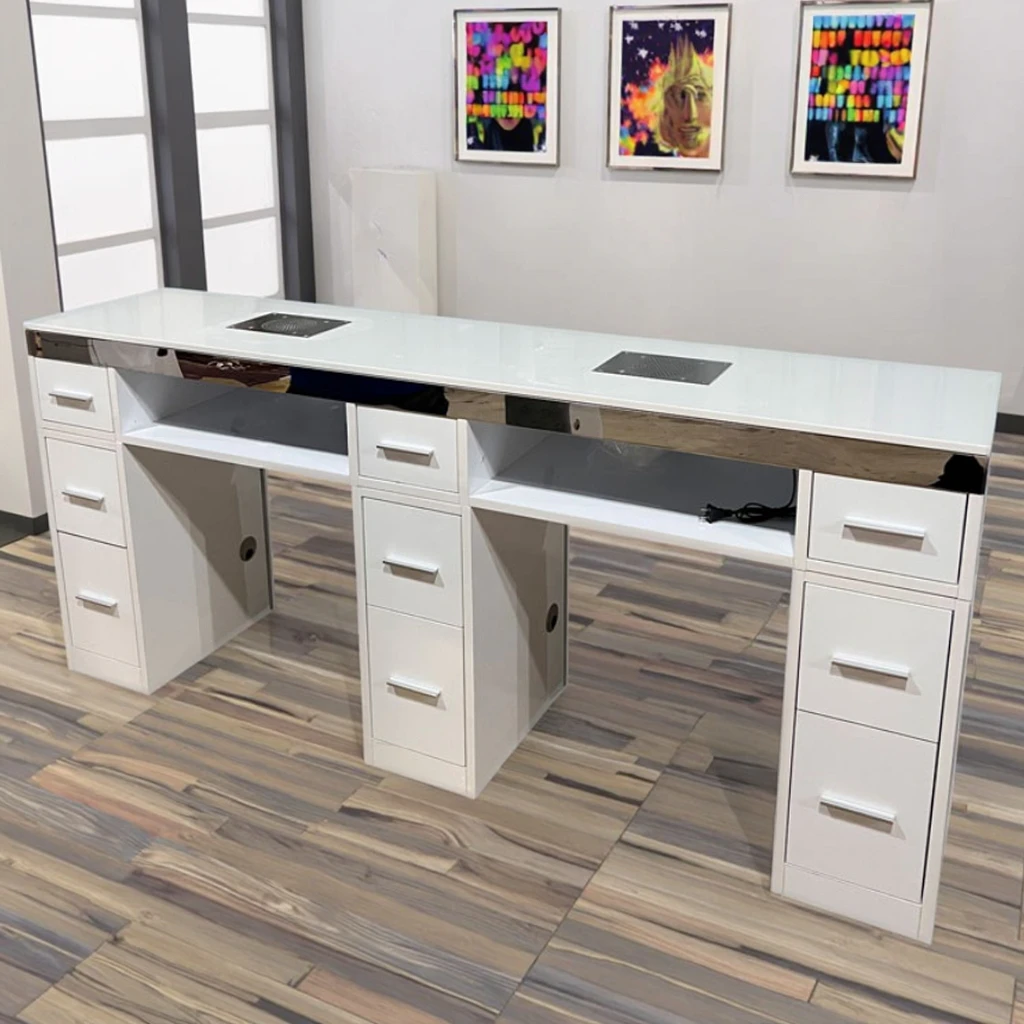 Professional Double-Seat MDF Nail Table with Marble Countertop & Integrated Vacuum Cleaner - Customizable Size for Salon