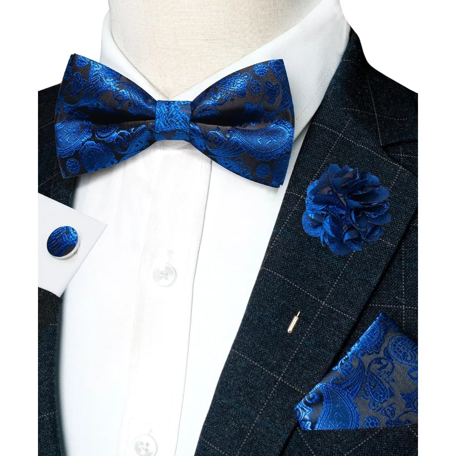 Elegante pajarita preatada de Cachemira y gemelos cuadrados de bolsillo, conjuntos de alfileres de solapa para hombres, 4 Uds., accesorios de ropa Formal de lujo perfectos