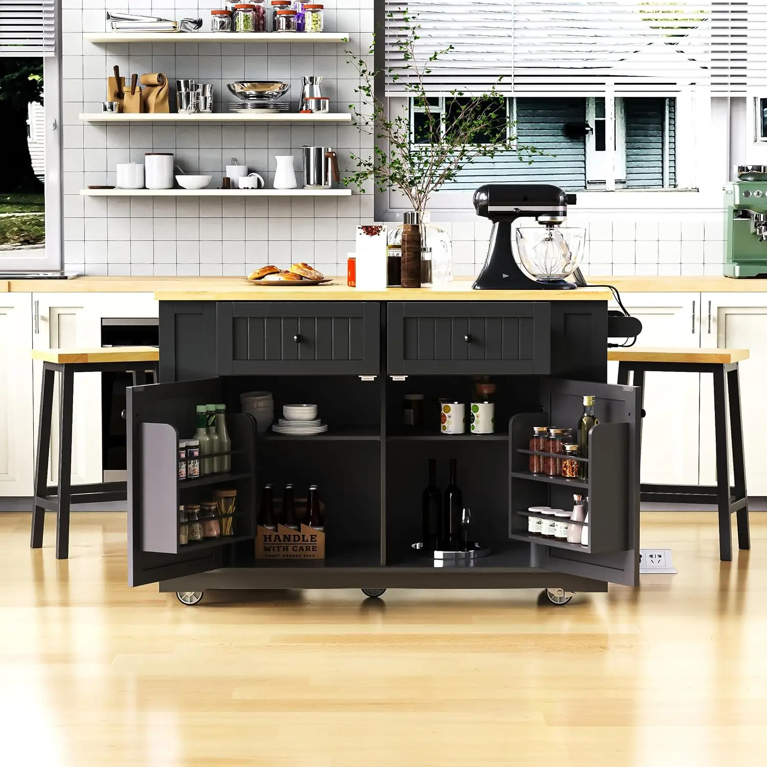 Kitchen Island with Stools, Outlet, 4 Shelves, Drop Leaf, 5 Wheels, 5 Racks, 2 Drawers for Kitchen & Dining, Black, Customized