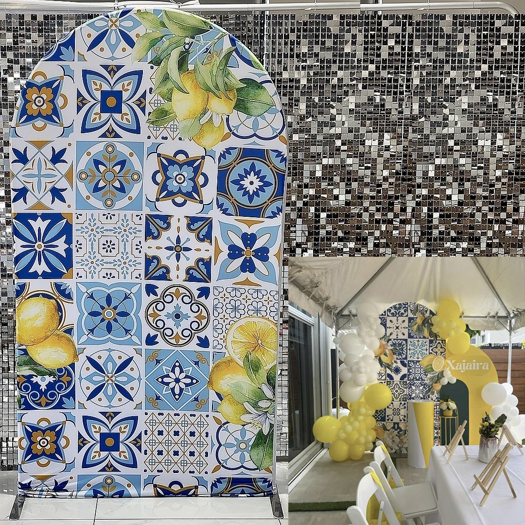 Mediterranean Lemons Arched Backdrop Covers Positano Tiles Stretchy Arch Stand Cover for Birthday Baby Shower Decoration GX-1514