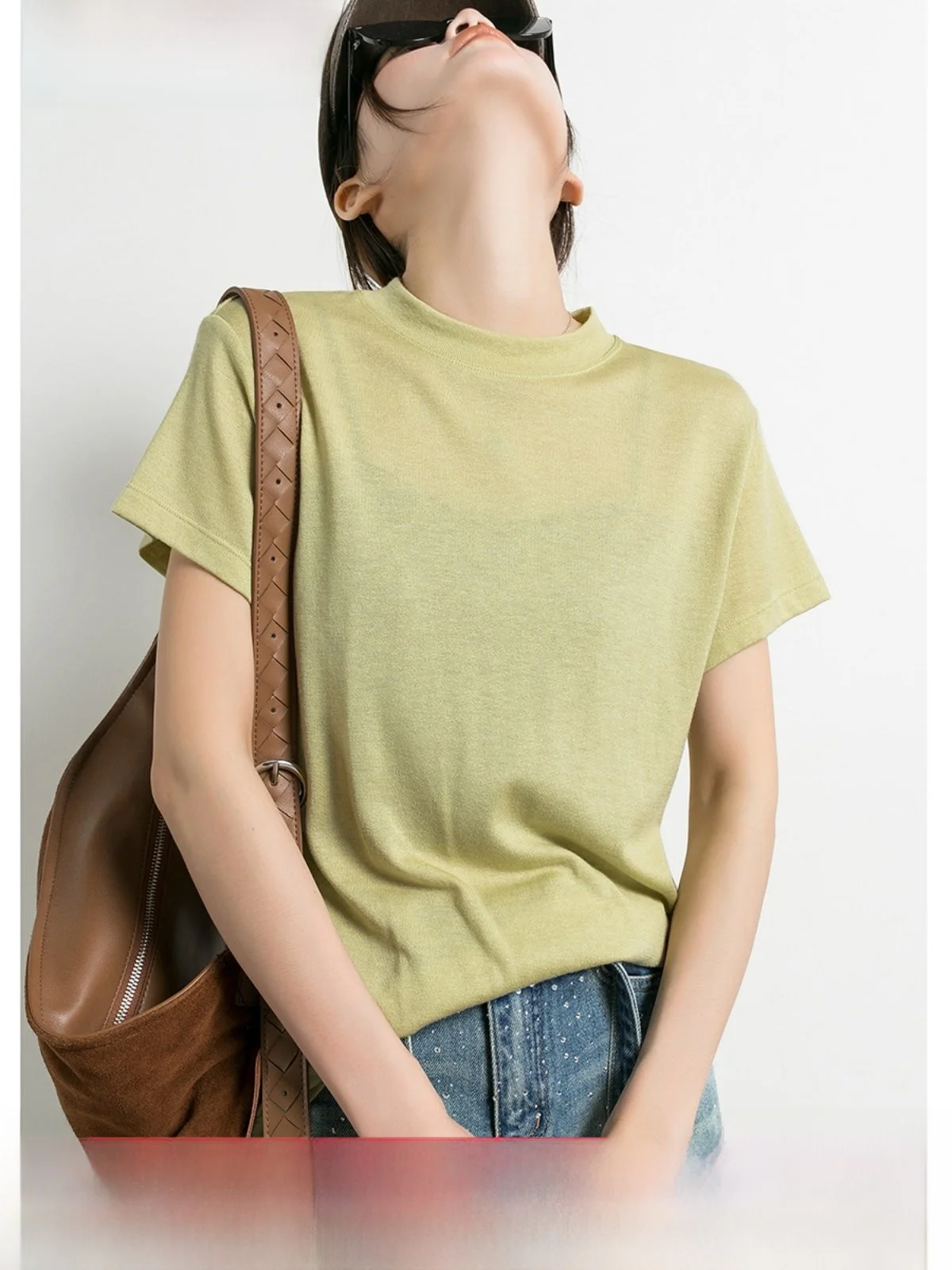 

ChaoPai: Универсальный женский трикотажный топ из 50% шерсти с круглым вырезом, приятный к телу, для весны и осени, светло-зеленый