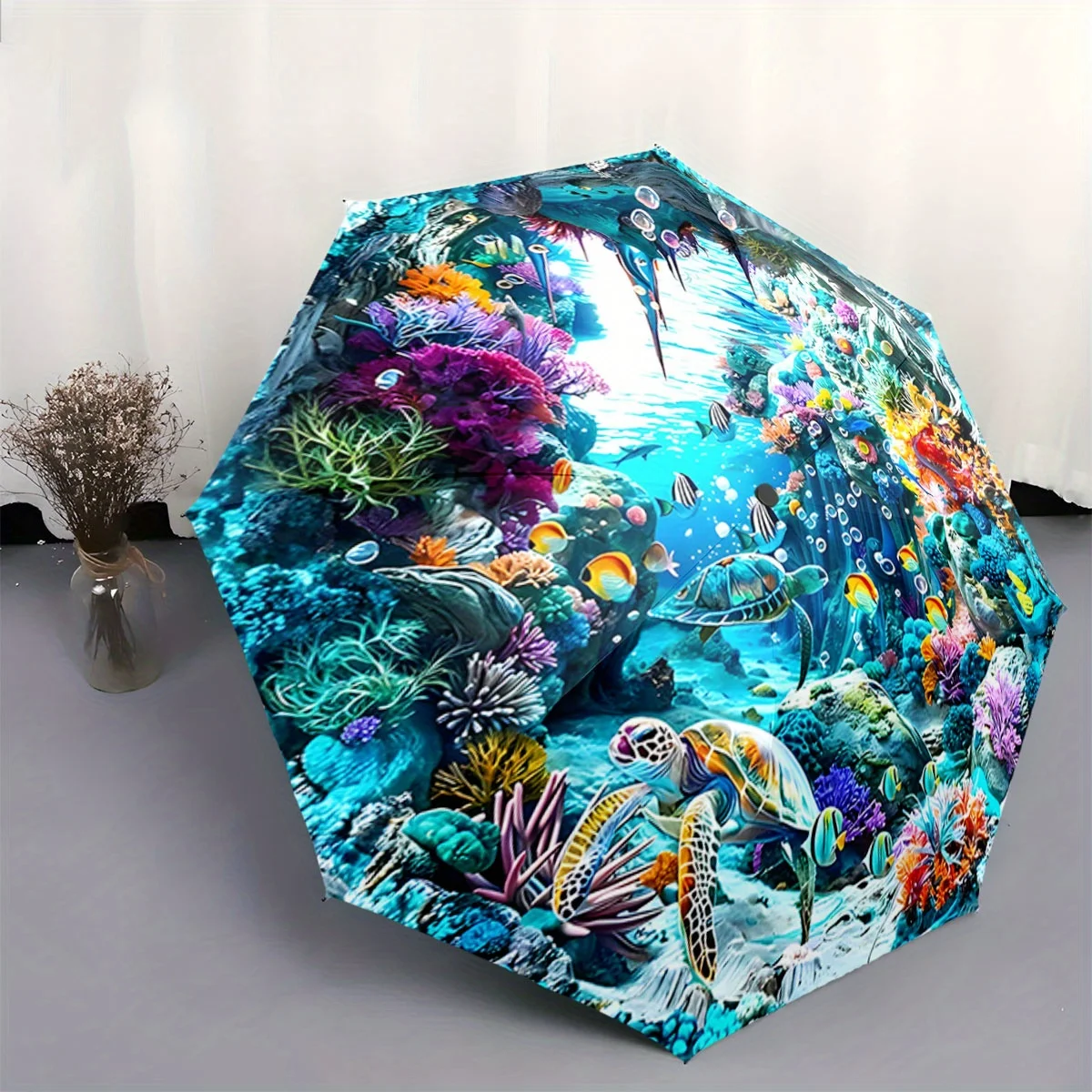 

Автоматический складной зонт с дизайном подводного кораллового рифа - яркий рисунок с черепахами и рыбами, портативный, складной, для всех морских условий
