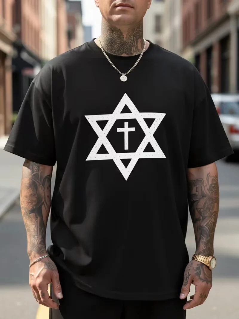 Men's Oversized Black T-Shirt with White Star of David and Cross Print - Ideal for Casual Wear and Street Style, PLUS SIZE